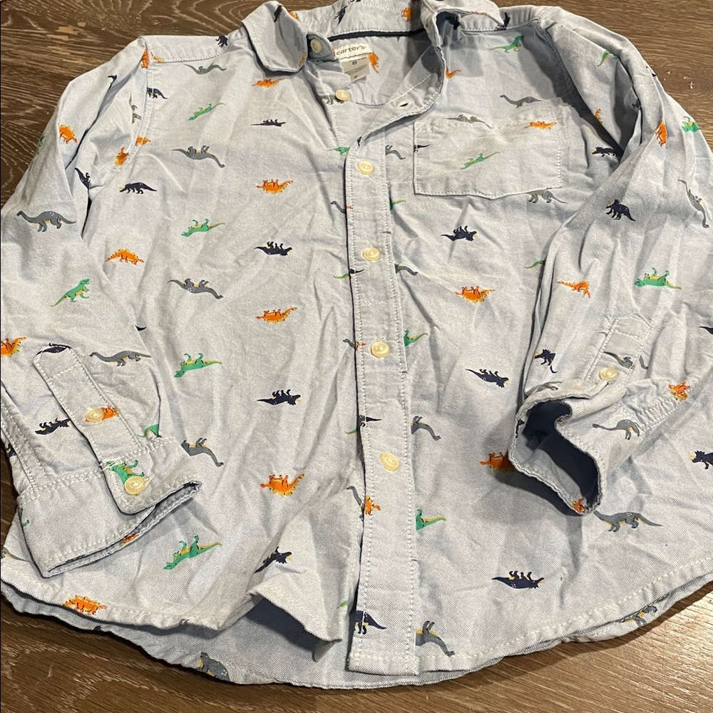 Boys Button-down Shirt Carter's cotton blue Collared dinosaur print T Rex size 8 - Picture 3 of 6